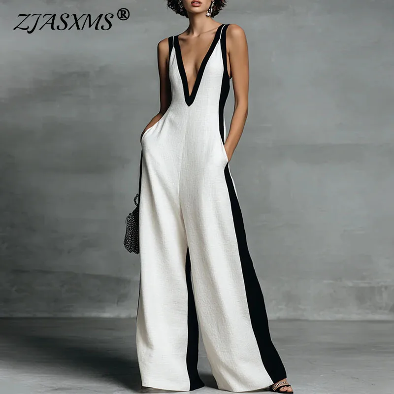 Spring Elegant Color Block Women's Jumpsuit Sexy Deep V Neck Hollow Straps Romper 2026 Summer Sleeveless Wide Leg Pants Overalls