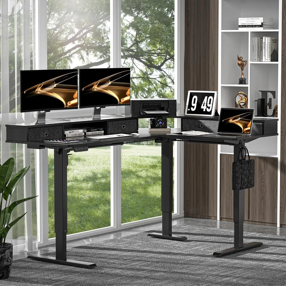 

L Shape Standing Desk, 67 * 48 Inches Adjustable Height Standing Desk 4 Drawers, Corner Electric Standing Desk Monitor Stand