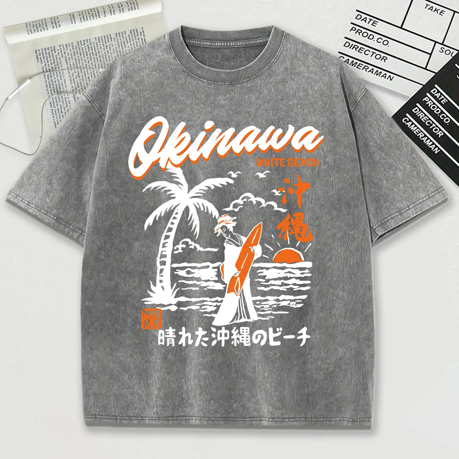 Okinawa Mit Strand Muster Retro T-Shirt Männer Sommer Weiche Kleidung Trendy Crewneck Schnee Waschen Tops Oversize Baumwolle Streetwear