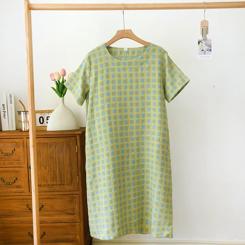 2026 New Summer Short Sleeve Sleeping Skirt 100% Cotton Yarn Weaving Jacquard Loose Pullover Mid Length Plaid Skirt Home Dress