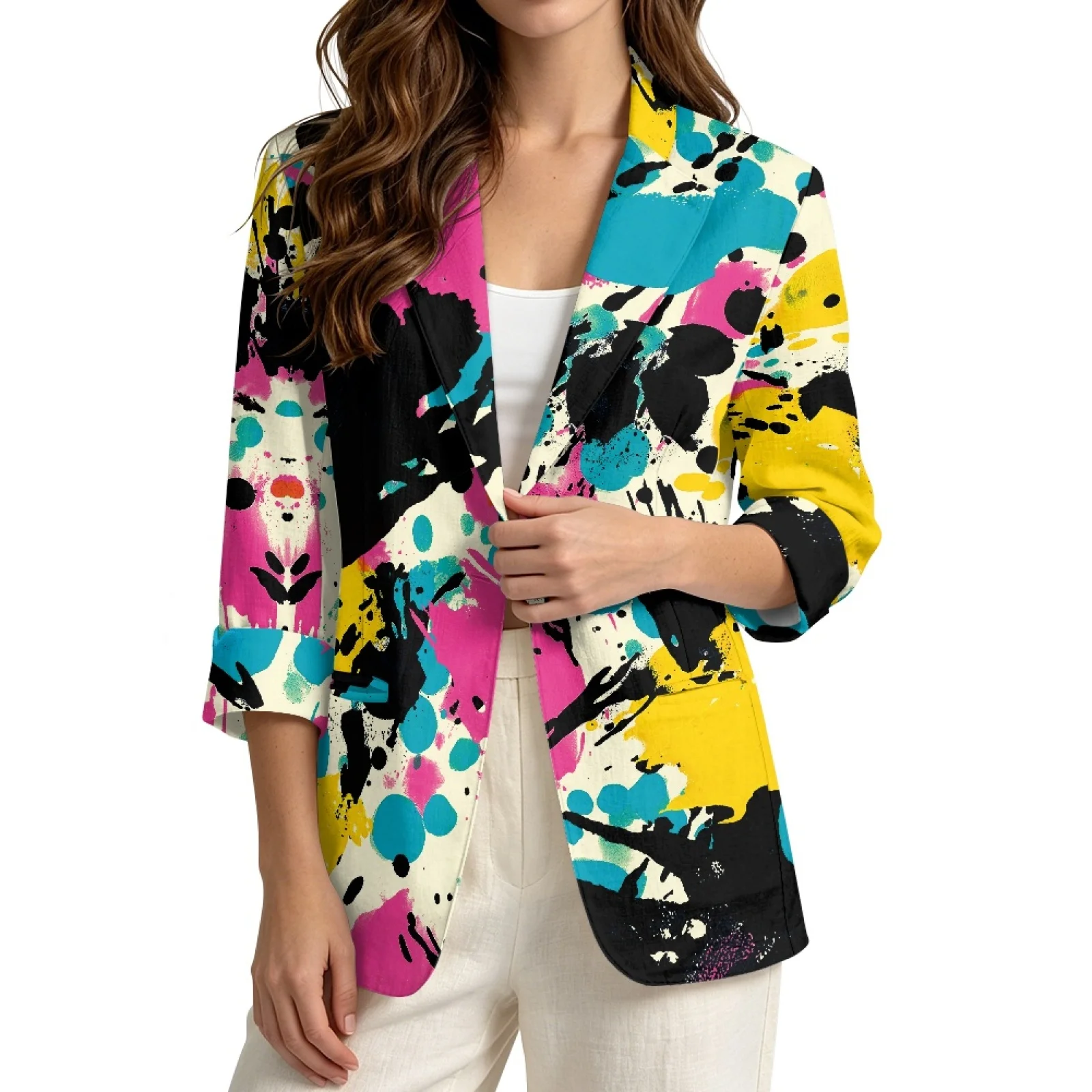 PENSTROLL Paint Splatter Bright Lightweight Beach Cardigan for Outing Linen Like Layering Tank Jacket S-3XL