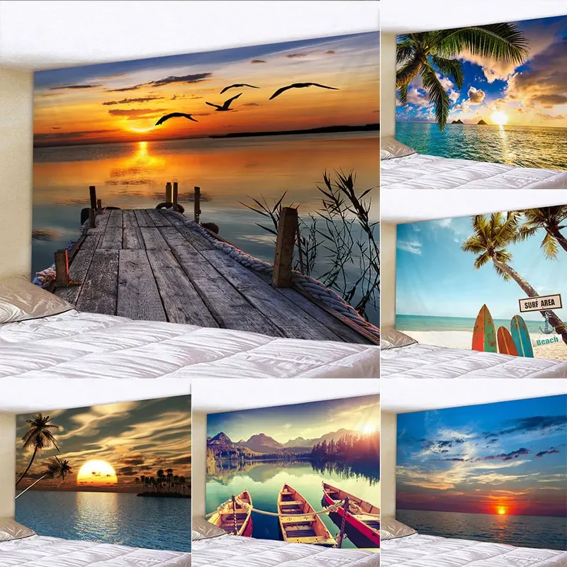 Green Plant Seawater Landscape Tapestry 3d Printed Sunset Sea Wave Lake Wall Hanging Home Living Room Bedroom Decor Aesthetic