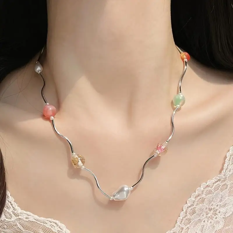 @*Beaded Necklace Polished Copper Chain Natural Freshwater Pearls Crystals Ideal Graduation Gift for College Students