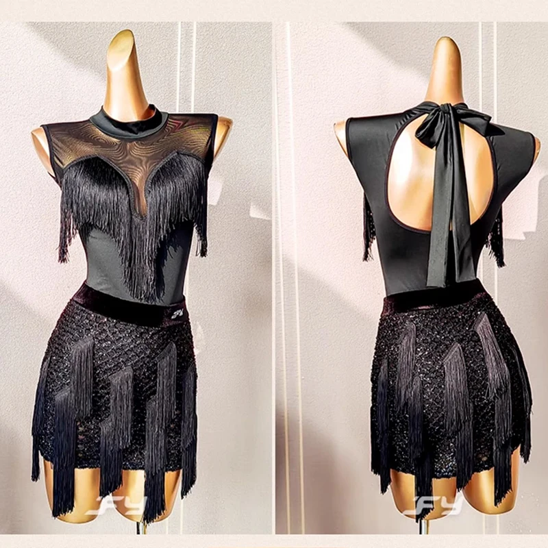 فستان رقص لاتيني نسائي أسود بدون أكمام ملابس أداء السالسا تشا تشا سامبا ملابس ممارسة الكبار ملابس الرقص اللاتينية 3609