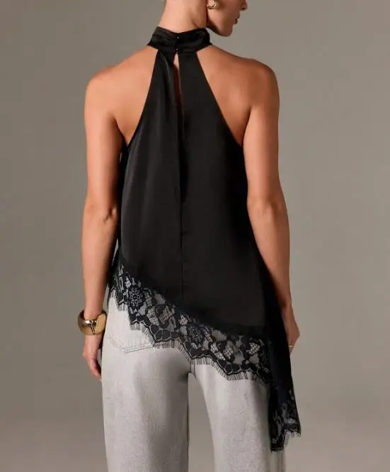 

Summer New Fashionable Elegant Personalized Design Lace Splicing Irregular Slim Fit Round Neck Hanging Sleeveless Tank Top