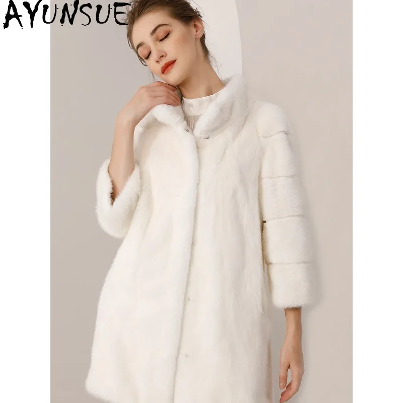 AYUNSUE Real Fur Coat Woman Luxury Mid-Length Winter Jackets Woman Whole Mink Fur Coats Woman Clothes Stand Collar Шуба Женская