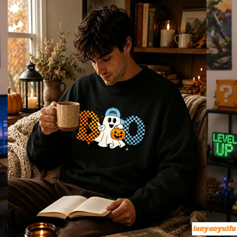 Checkered Boo Letter Cute Ghost with Cap Pumpkin Bucket Halloween Sweatshirt Retro Plaid Letter Cartoon Trick or Treat Pullover