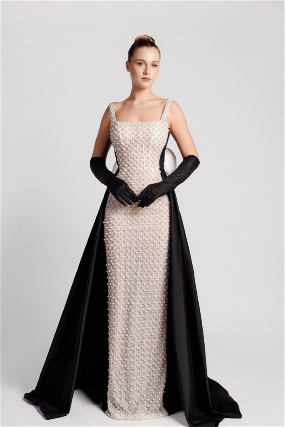 

Delicate Straight Sequin Detachable Sleeve Crystal and Pearls Evening Dress Floor Length Strapless Panel Train Photo Color