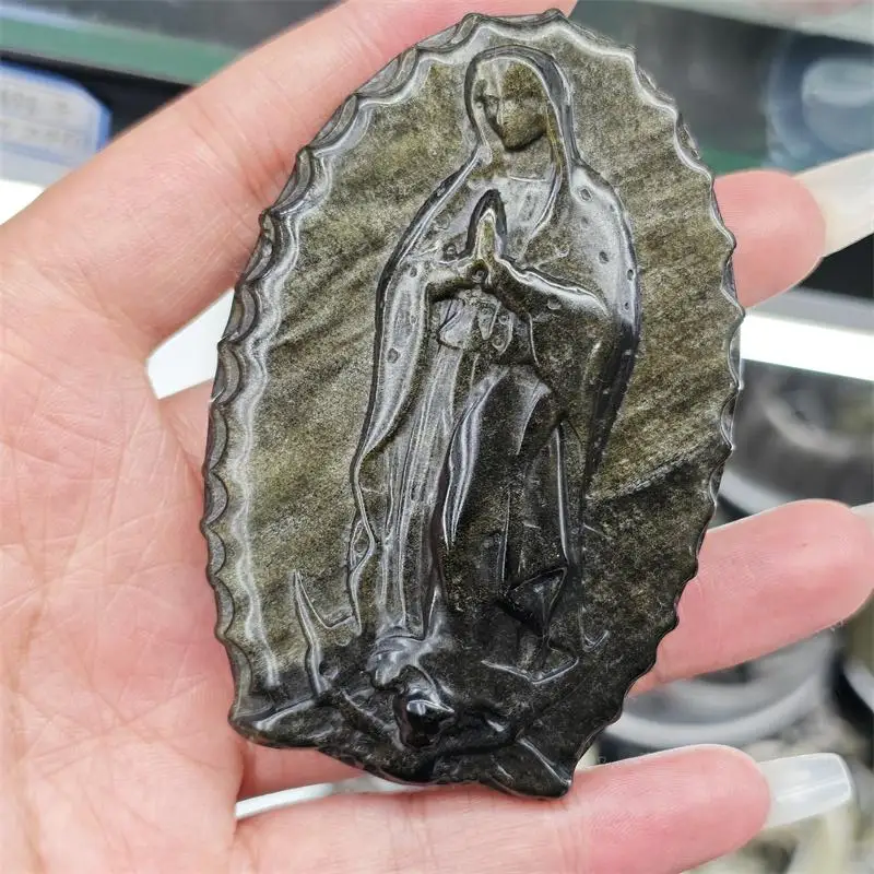 Natural Golden Obsidian Virgin Mary Statue Carving Crystal Healing Fengshui Gemstones HomeDecoration Holiday Gift 1PCS