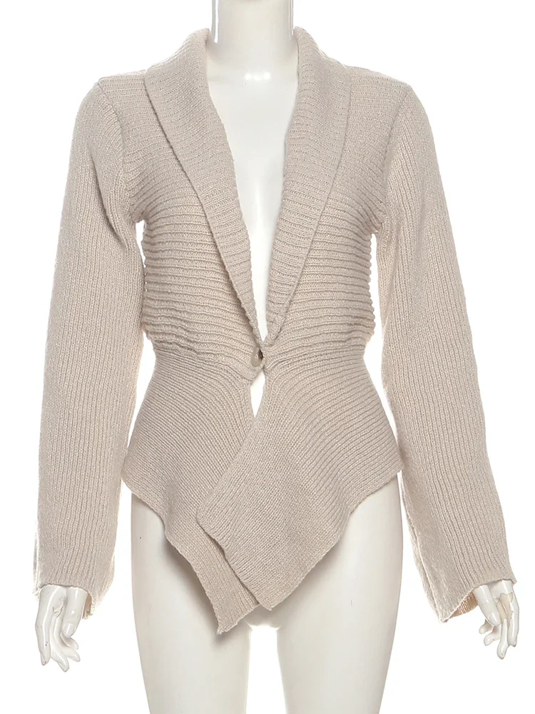 Fmxiers سترة صوفية بزر واحد معاطف امرأة الخريف نمط جديد الكروشيه العميق الخامس الرقبة كم كامل مكتب نمط سترات أنيقة #6