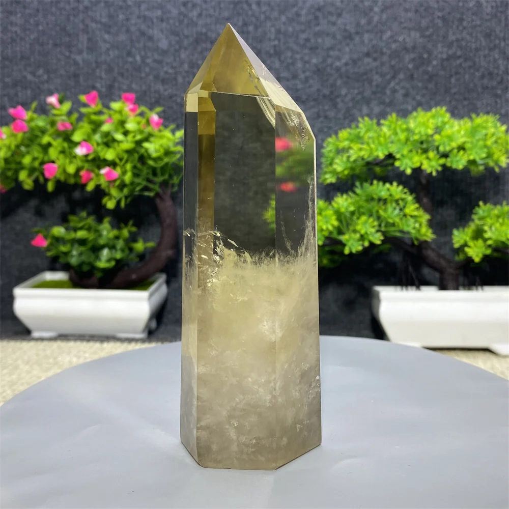 Natural Crystal Point Smoked Healing Obelisk Yellow Quartz Wand Beautiful Ornament for Home Decor Energy Stone Pyramid