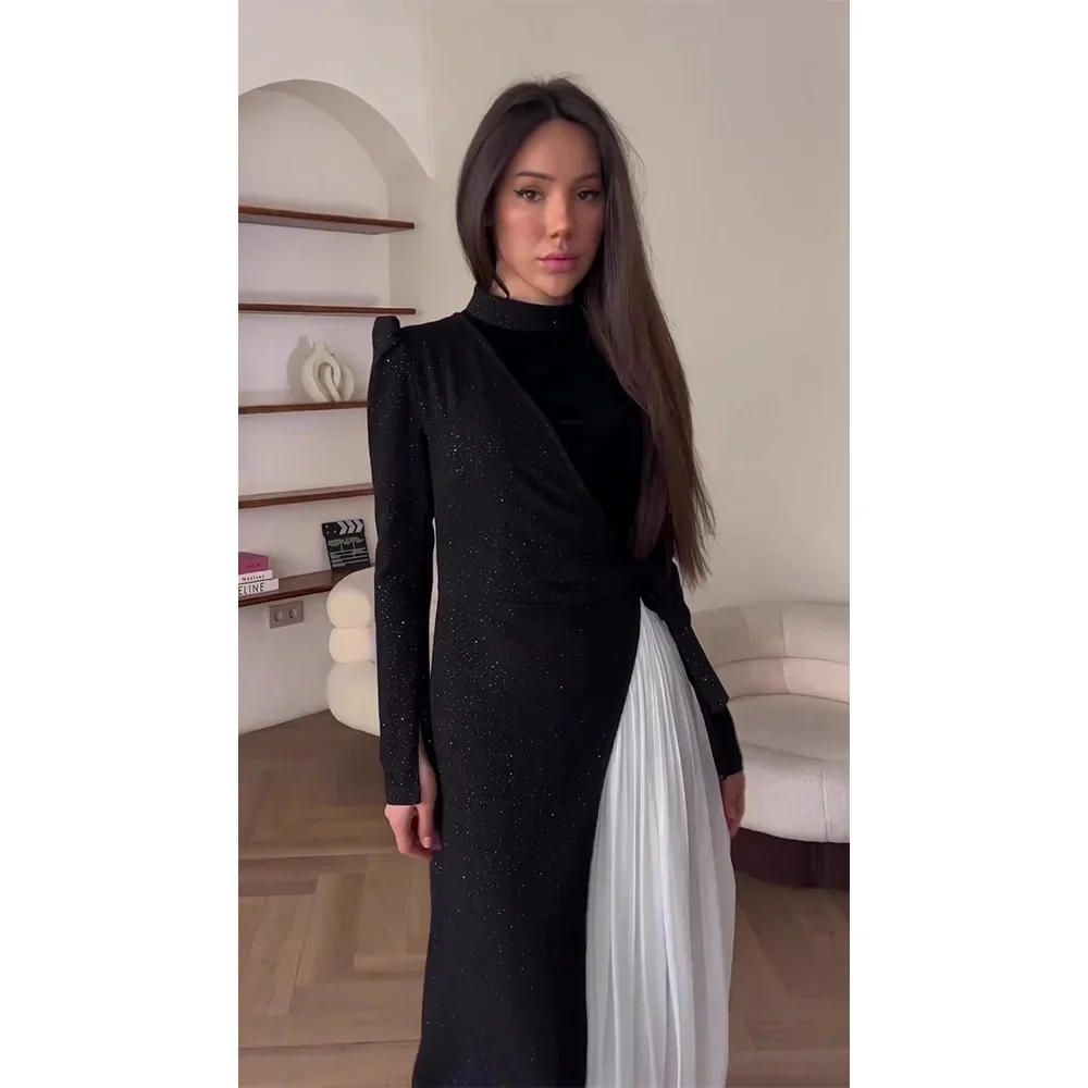 فستان أنيق بتصميم مرقع للنساء بأكمام طويلة ومطوي ومزيف مكون من قطعتين فساتين سهرة للنوادي والحفلات النسائية #3