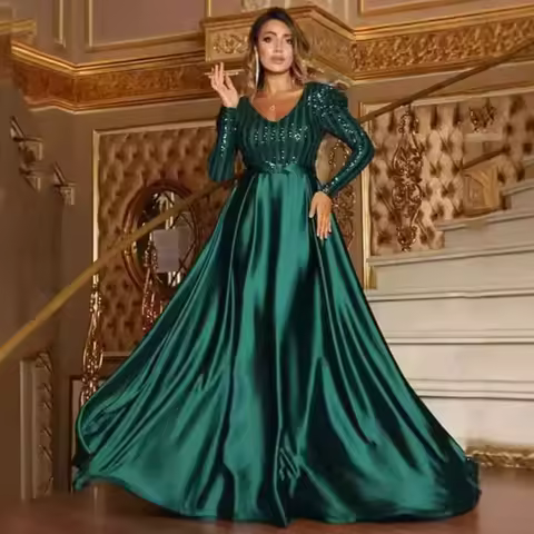 Women's Elegant Satin Evening Dress Long Sleeve V Neck Sequins Patchwork Autumn Party Maxi Dress High Waist Porm Wedding Dresses