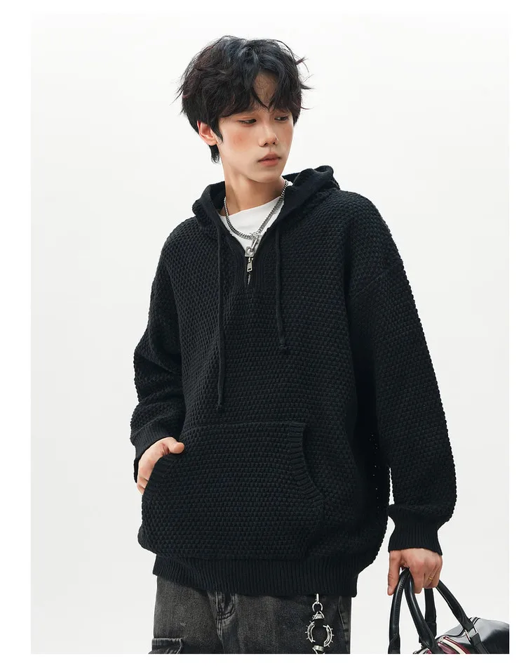 Hooded semi-zipper cashmere sweater with pineapple pattern pullover sweater jacket for men and women