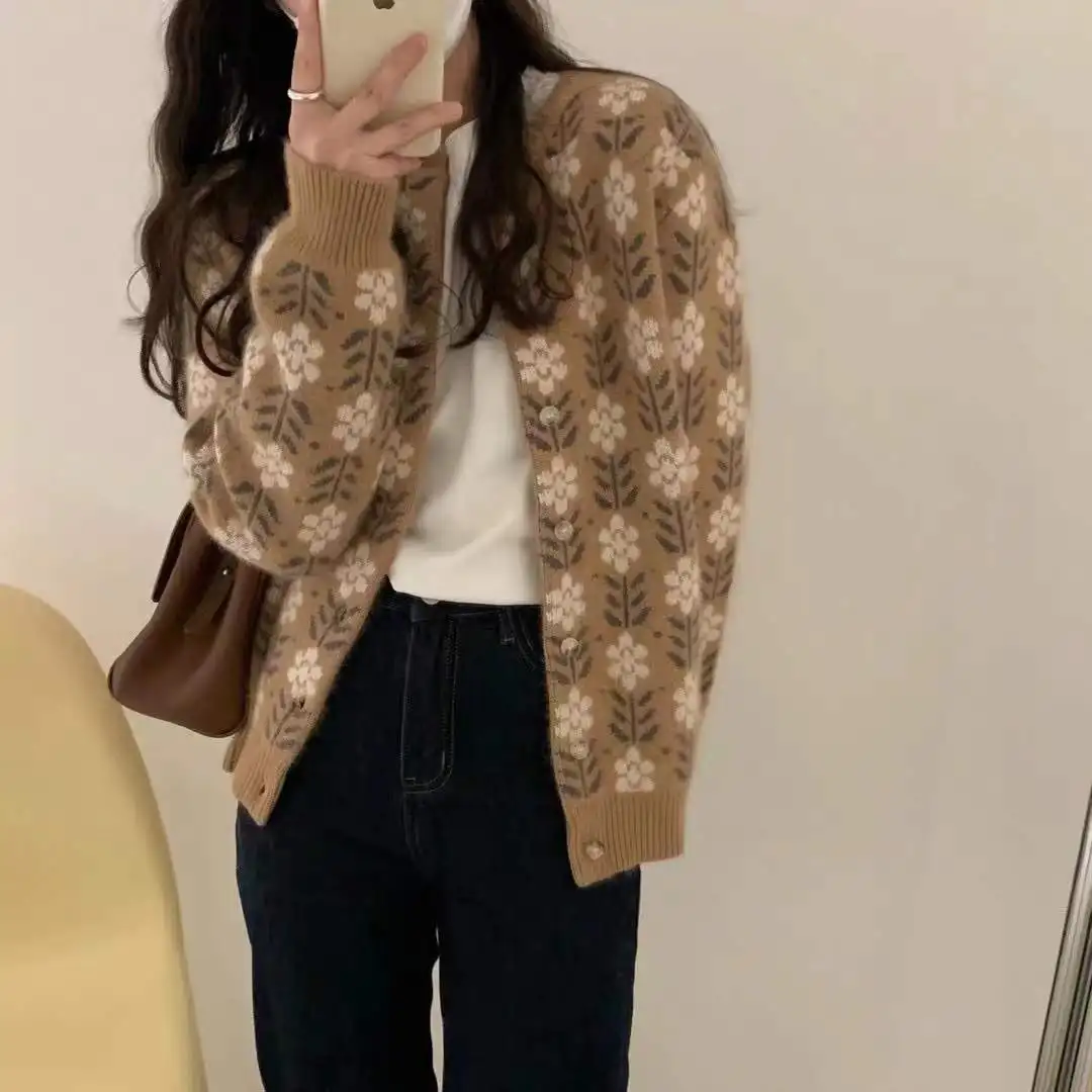 Women New Autumn Winter Fine Wool Warm Sweater O-neck Loose Thickened Flower Print Cardigan Casual Knitted Soft Jacket Tops