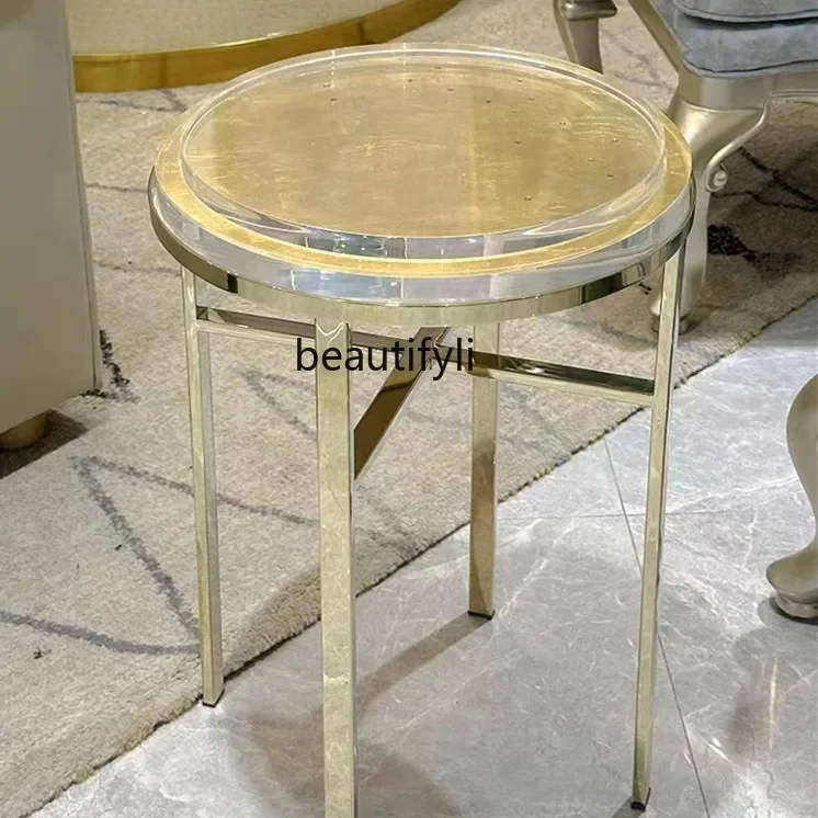 

American light luxury stainless steel small round edge table champagne corner table acrylic coffee table2936