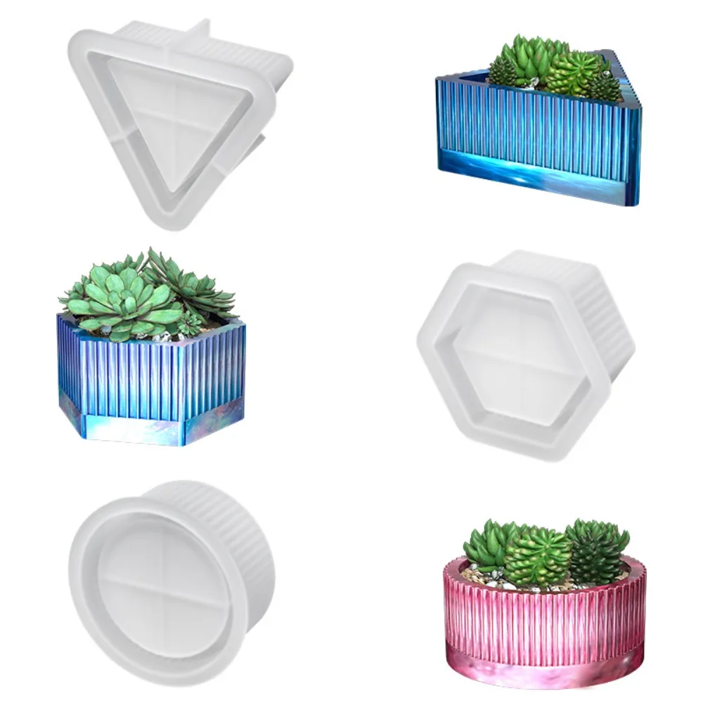 Striped Geometric Candle Jar Silicone Molds DIY Triangle Round Hexagon Cement Concrete Plaster Flowerpot Epoxy Resin Mold