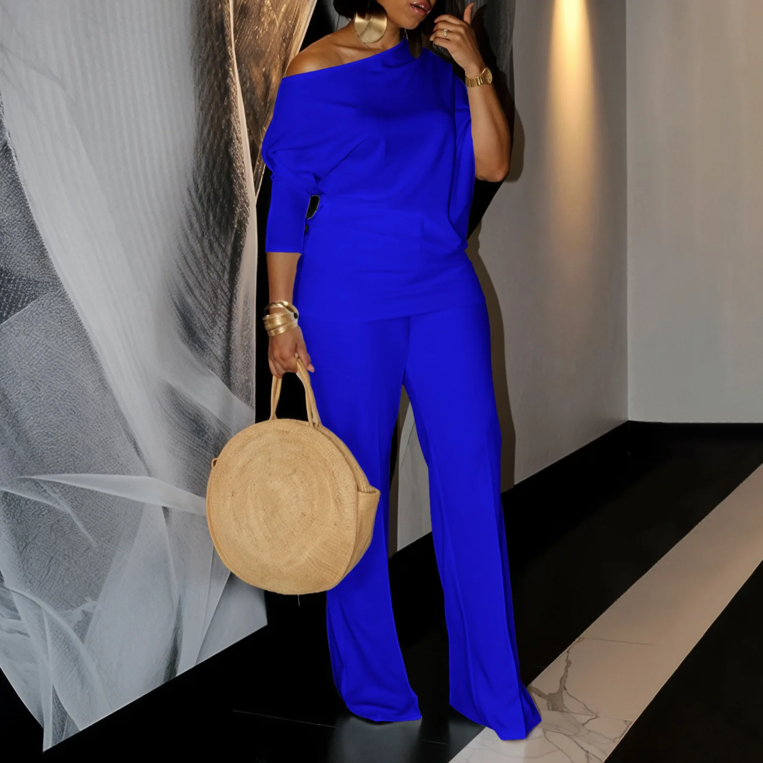 Set di pantaloni casual in due pezzi da donna, colletto asimmetrico a maniche lunghe, maniche lunghe, tinta unita, elegante set coordinato autunnale da donna da ufficio