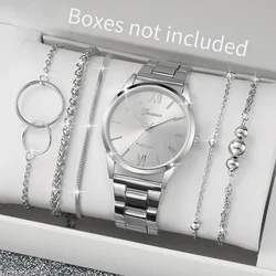 6PCS/Set Fashion Roma Dial Women Quartz Watch Silver Alloy Band Female Wrist Watches Bracelets Set(Without Box)