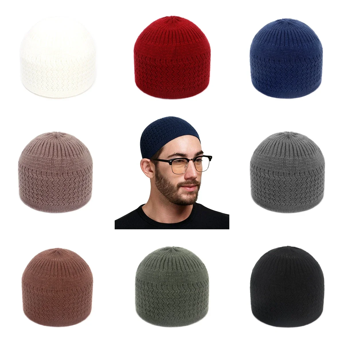 Solid Color Wave Jacquard Brimless Beaks Breathable Ligghtweight and Easy To Carry Hoodies Dome Warm Knitted Hat Muslim Wrap Hat