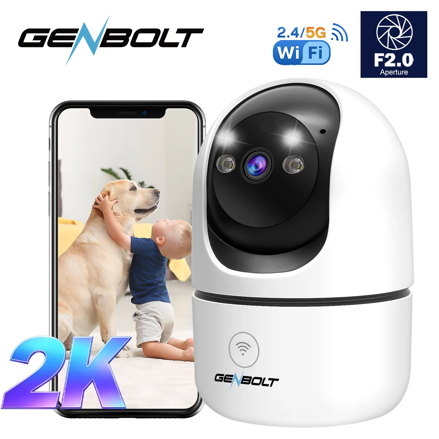 Cámara para Mascotas GENBOLT 2K, Cámara de Seguridad WiFi para Interiores, Cámara IP de Vigilancia Doméstica CCTV con Detección Humanoide