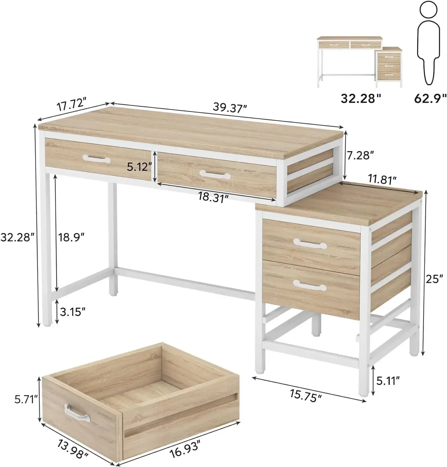 Computer Desk with 5 Drawers, Home Office Desks with Reversible Drawer Cabinet Printer Stand, Industrial PC Desk with Storage