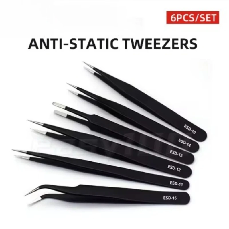 6pcs Precision Tweezers Set ESD Anti-Static Stainless Steel Tweezers Repair Tools for Electronics Repair Soldering Craft Tools