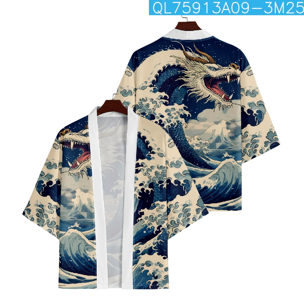 Japanese Streetwear Cardigan Women Men Harajuku Wave Print Haori Kimono Cosplay Shirts Yukata