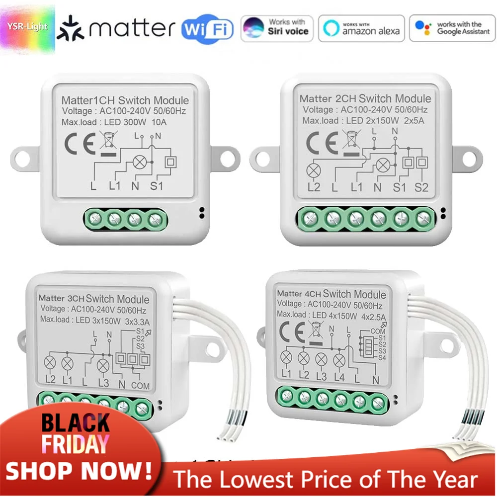 Matter-interruptor inteligente WiFi, módulo de relé de automatización oculta de 1-4 canales, Control por voz, Tuya, funciona con Homekit, Siri, Alexa y Google