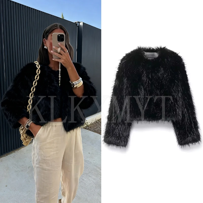 فو الفراء معاطف قصيرة المرأة موضة كم طويل زغب الفراء الدافئة جواكت شتوية للنساء 2025 أنيقة ملابس خارجية جديدة غير رسمية #1