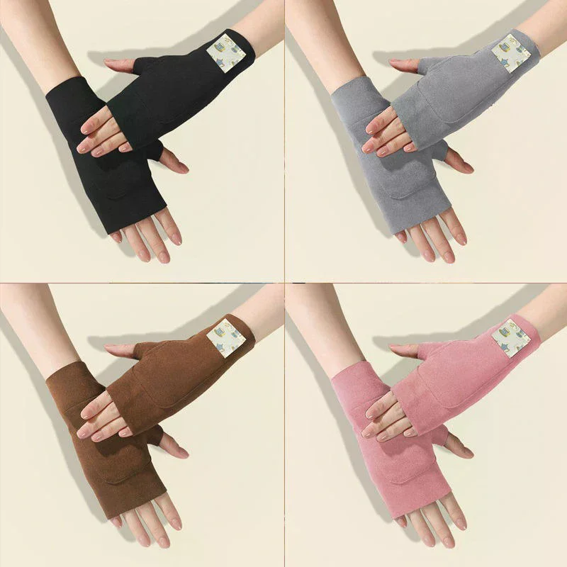 1Pair Autumn Winter Warm Soft Velvet Half Finger Gloves For Women Soft Skin Suitable For Daily Office Writing Wrist Protection