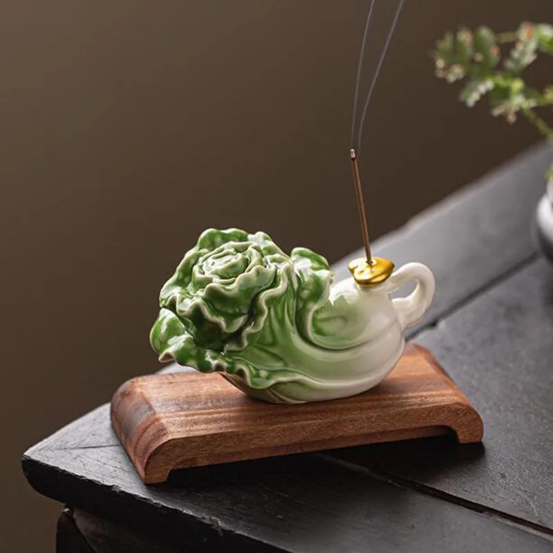 Porcelain Chinese Cabbage Stick Incense Holder Baicai Wealth Aromatherapy Burner Fragrance Censer Office Indoor Home Decor