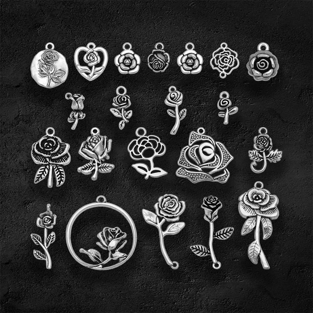 Antique Silver Plated Rose Flower Charms Valentine\'S Day Pendants For Diy Keychain Jewelry Making Findings Supplies Accessories