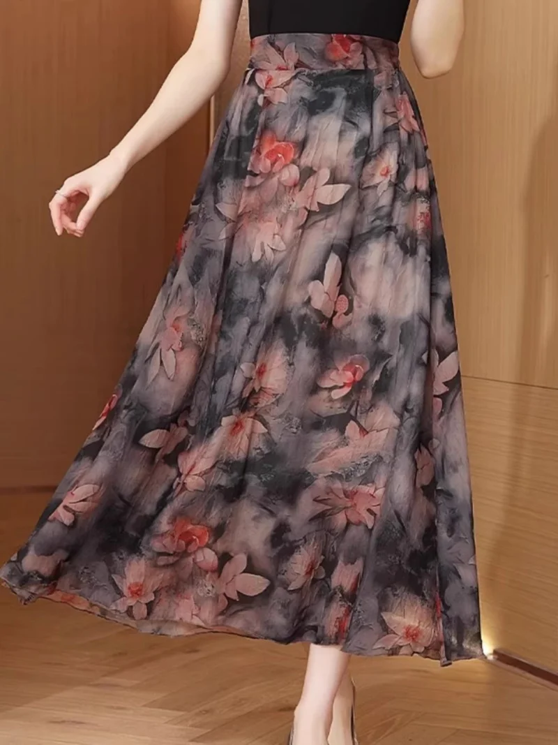 

Women's Retro Floral Chiffon Skirt: Elegant Slimming Midi Length for Beach Vacations & Spring Summer Style - w1922
