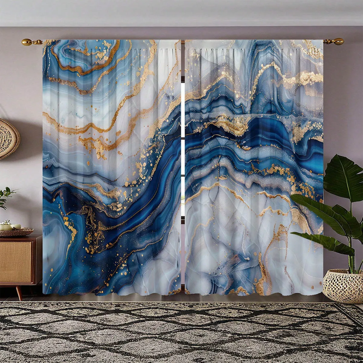 2 pieces, Nordic style blue marble pattern print curtains, suitable for bedroom, living room, and kitchen decoration.