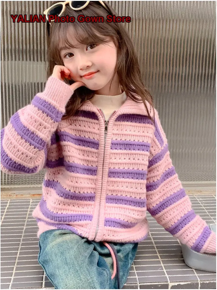 Girls Spring Autumn Jacket 2026 Wool Knit Top Warm College Style Older Kids