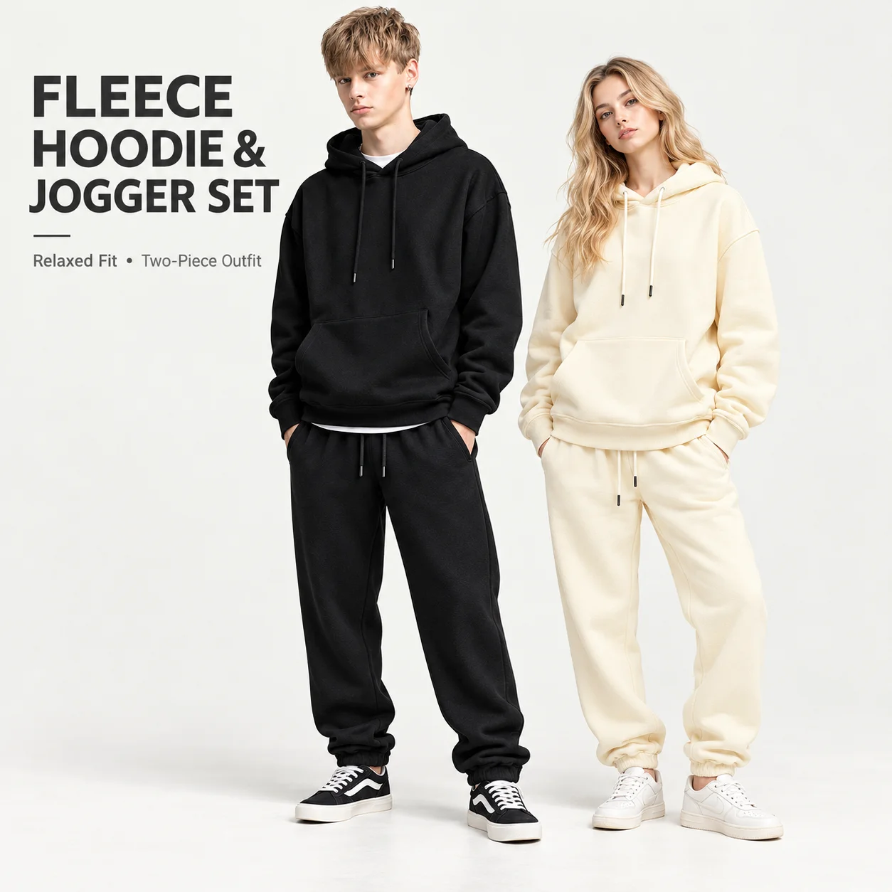 Fleece Hoodie and Jogger Pants Set Unisex Oversized Tracksuit Solid Color Warm Two Piece Sweatsuit Autumn Winter Streetwear