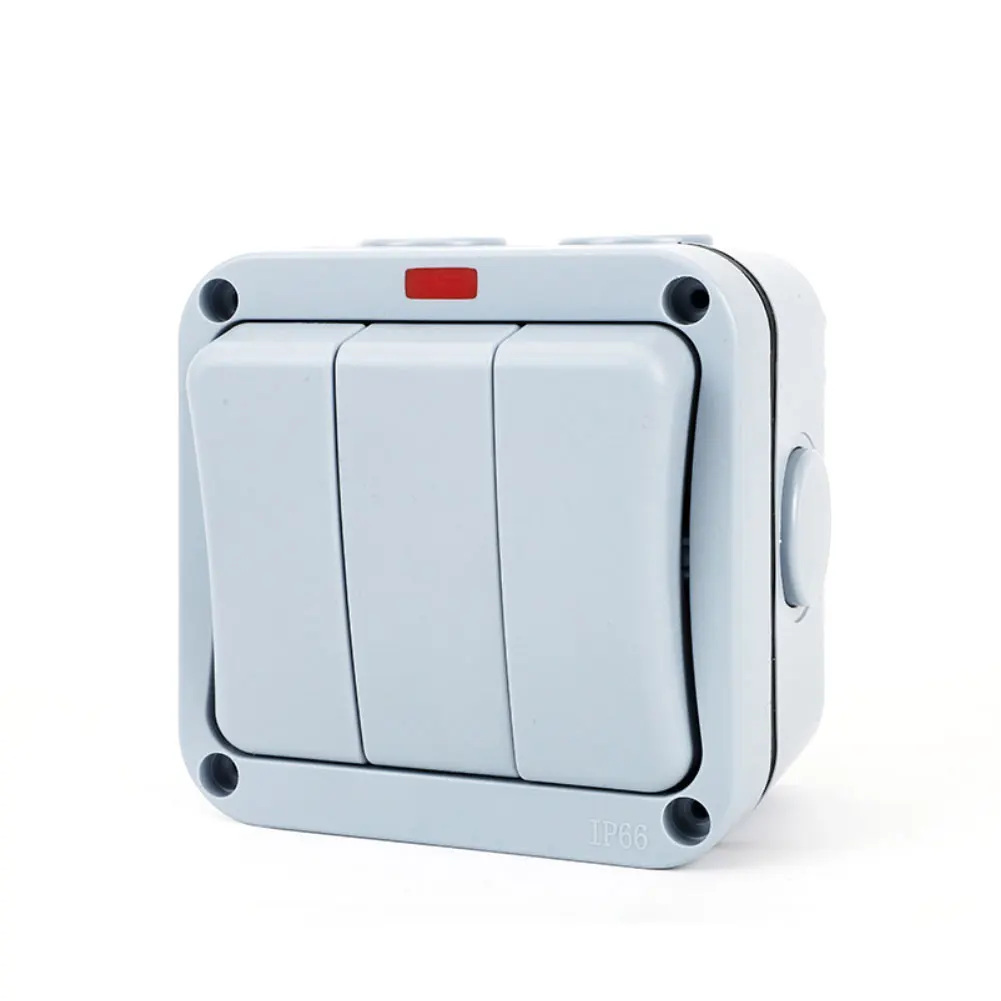 Gray IP66 Outdoor 3 Device Controller 20A Self Resetting Button With LED Indicator For Garden Terrace Wall Mounting Box