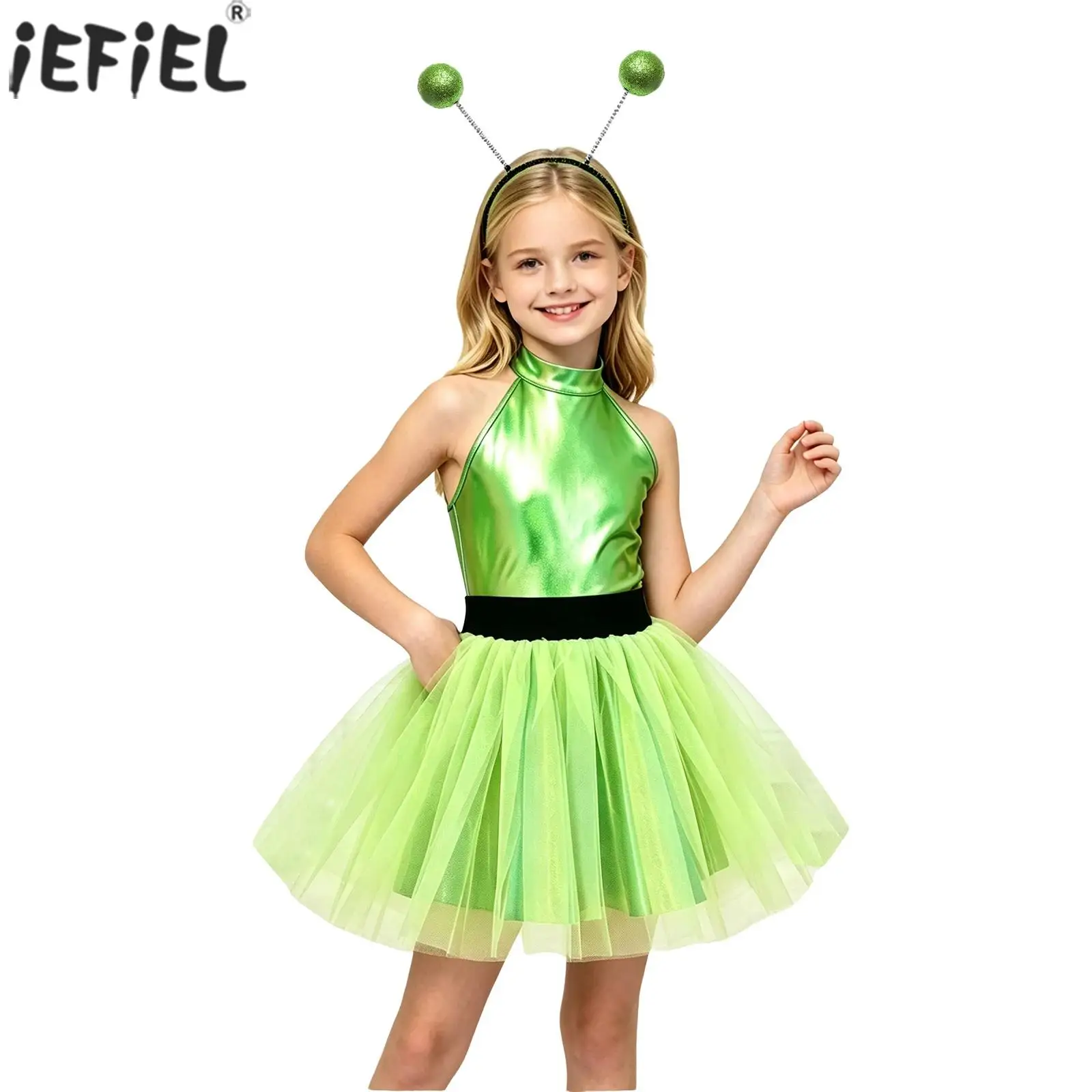 Kids Girls Alien Cosplay Costume Halter Sleeveless Layered Ruffled Tulle Tutu Dress with Hair Hoop for Halloween Themed Party