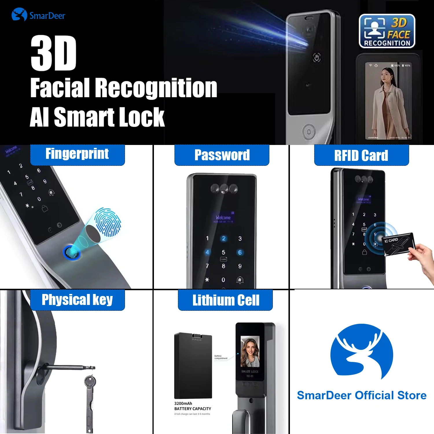 SmaerDer Smart Lock 3D Facial Recognition Lock ลายนิ้วมือแม่เหล็กการ์ดรหัสผ่านอัตโนมัติล็อคอิเล็กทรอนิกส์พร้อมกล้อง