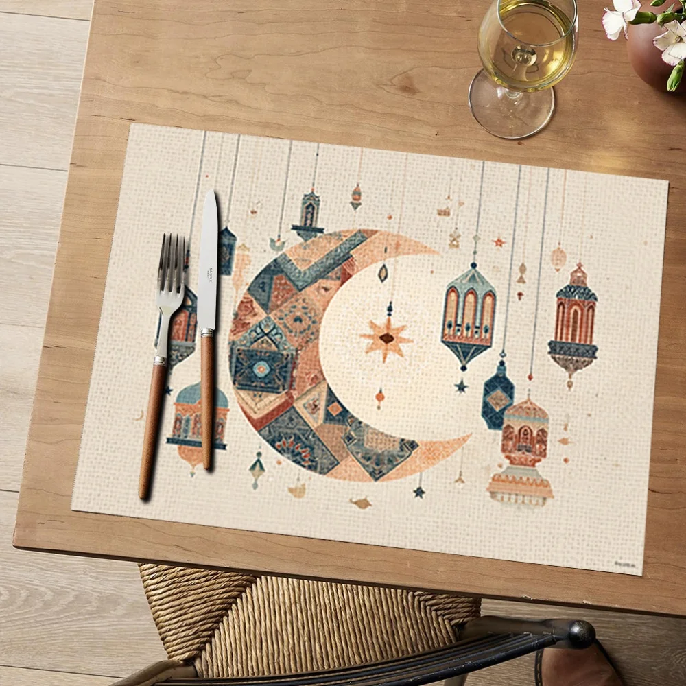 1-Piece Lantern & Moon Pattern Linen Placemat, Machine-Washable, Heat-Resistant & Easy To Clean, Home Dining Table Mat