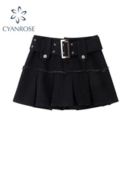 Women's Denim Skirt Y2k Summer Black Gothic Skirt Harajuku Korean Fashion Vintage Kawaii A-line Pleated Skirt With Belt Clothes