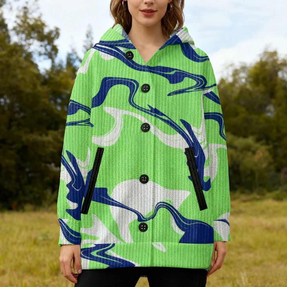 

Vibrant Multicolour Abstract Wave Watercolor Printed Hooded Cardigan Coats Button Front Chic Women Standout Trends Outerwear