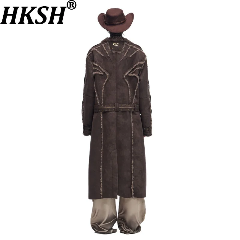 

HKSH Spring Autumn Winter New Men's Tide Punk Retro Trench Fur Collar Fashion Windbreaker Suede Sheep Wool Chic Overcoat HK16720