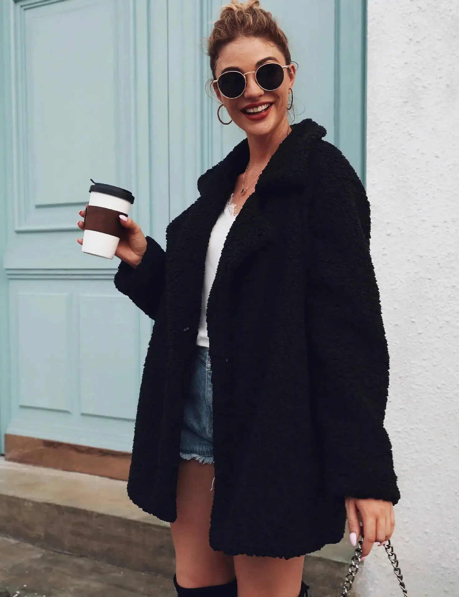 Solid Women Lapel Luxury Faux Fur Jacket Chic White Full Sleeve Fluffy Loose Warm Coats Lady Winter Daily Commute Street Coat