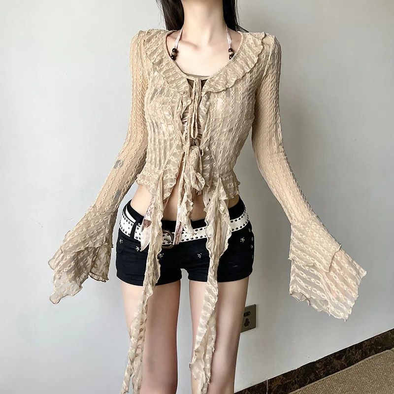 ALLNeon Fairy Grunge Ruffles Tassels Crop Cardigan Tops Lace See Through Streetwear Cyber Y2K Falre Sleeve Bandage Blouse Slim T