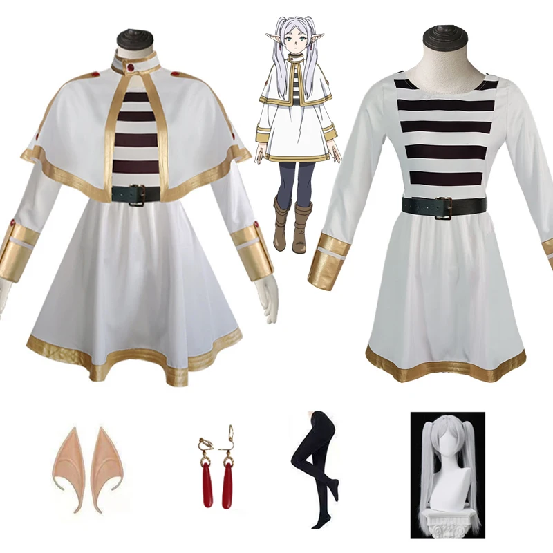 

Фрирен Костюм для косплея Полный комплект с париком Белый плащ, юбка, униформа с колготками, пояс, серьги и эльфийские уши для Хэллоуина, женское платье, аксессуары + длинный парик