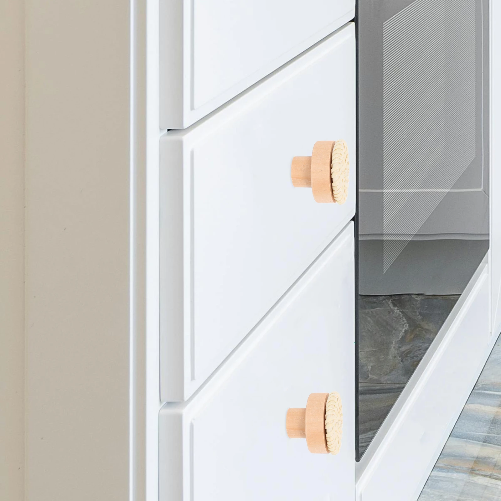 

5 Pcs Wooden Handle Woven Round Knobs for Drawers Wardrobe Rattan Dresser Ball Kitchen Cupboard Furniture Decorative