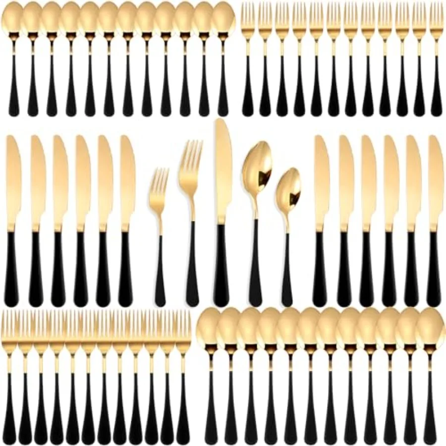 

Набор столовых приборов из 60 предметов: золотые и черные приборы из нержавеющей стали с вилками для ужина, ножами, ложками, десертными вилками, стейк-ножами.
