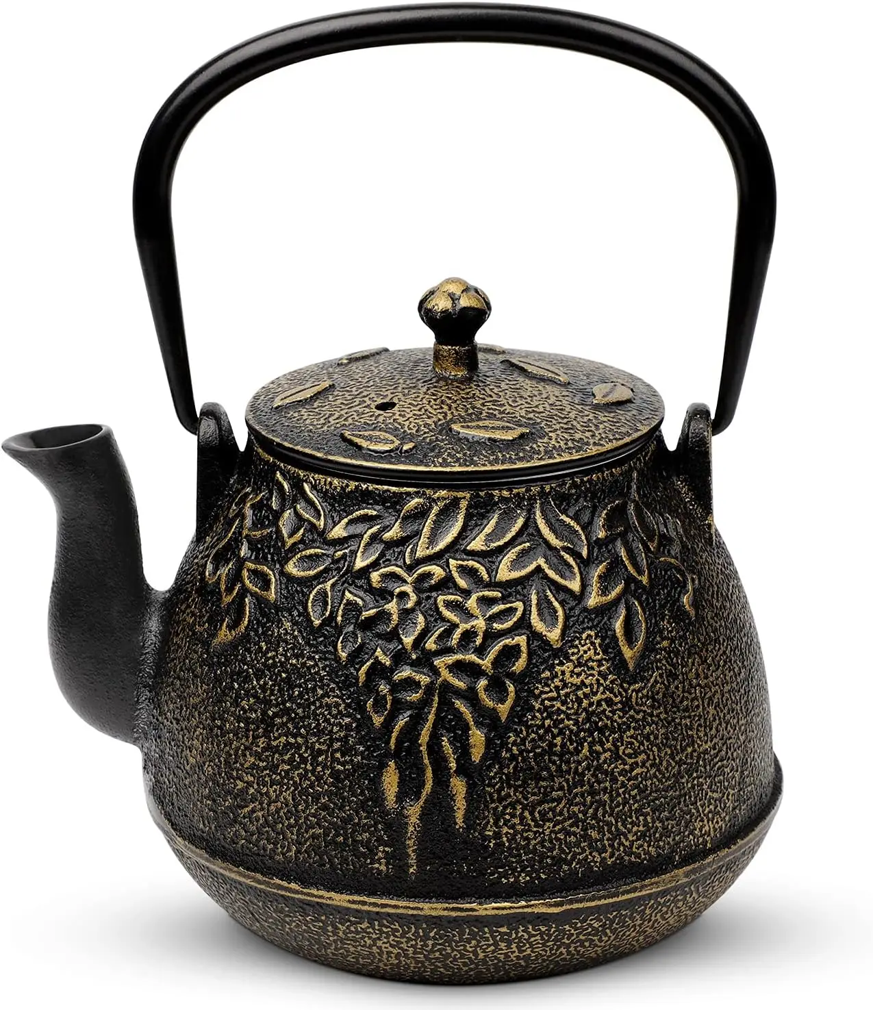 

Japanese Cast Iron Tea Pot with Enameled Interior, 32 Ounce Stove Top Kettle, Black Leaf Design